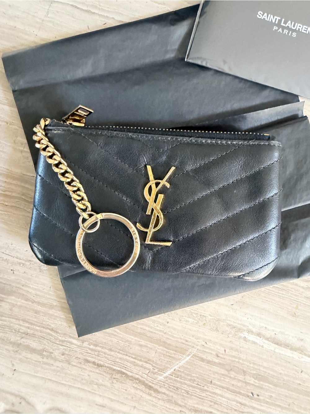 Saint Laurent Black Quilted Leather Key Ring Pouch with Gold YSL - Picture 2 of 8